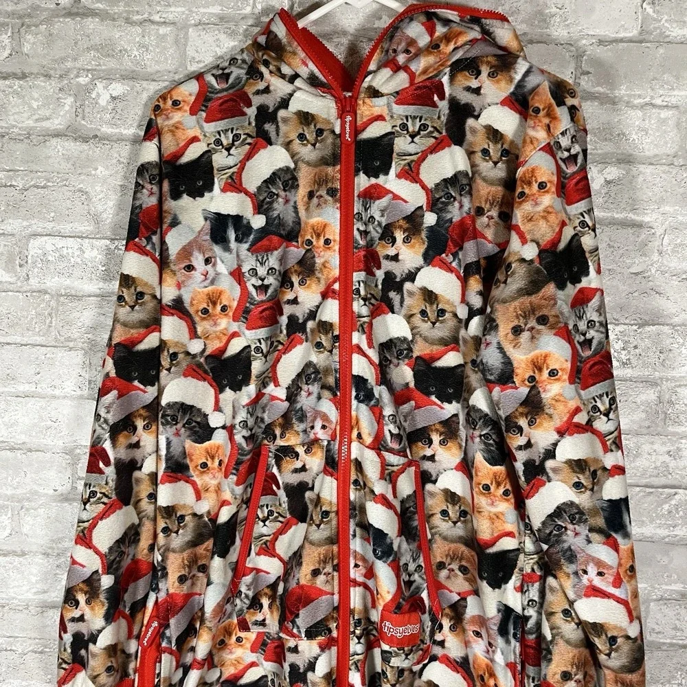 Tipsy Elves Meowy Catmus Jumpsuit Mens Medium Unisex All Over Print Cats Hooded